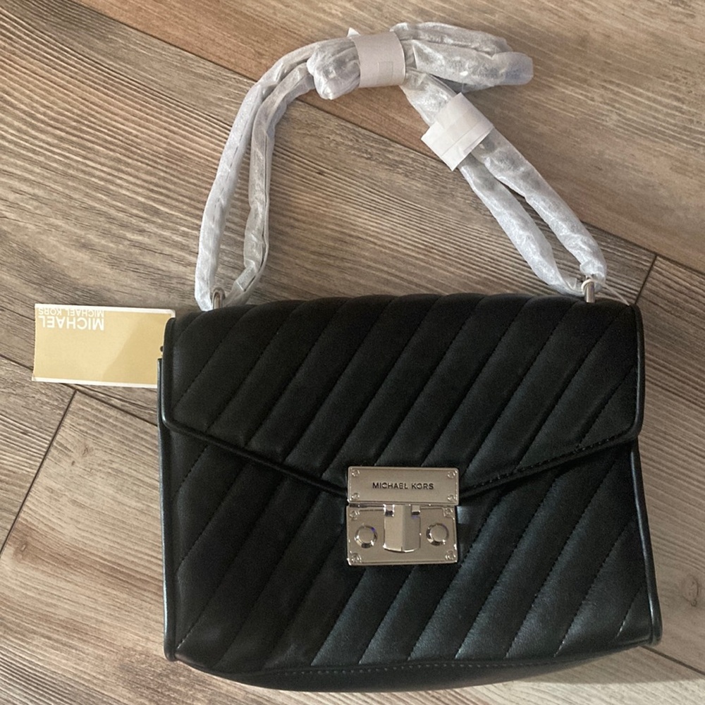Michael Kors Black Vegan Leather Rose Medium Flap Shoulder Bag NWT